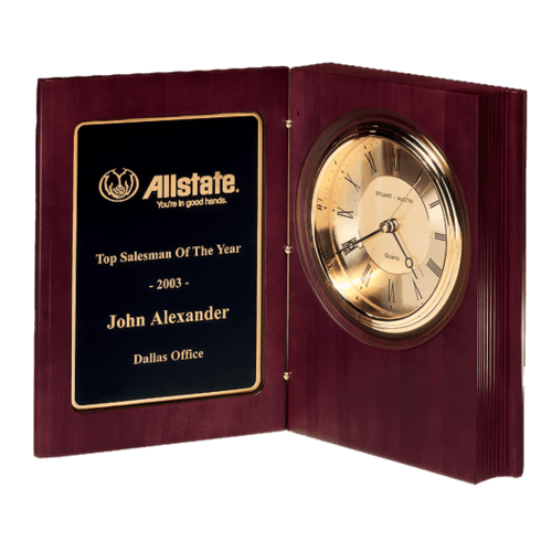 4 1/4" Hand-Rubbed, Mahogany-Finish Book Clock with Gold-spun, 3 hand movement (1 Day Rush)