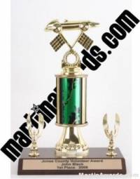 Green Single Column Pinewood Derby Car With 2 Eagles Trophy