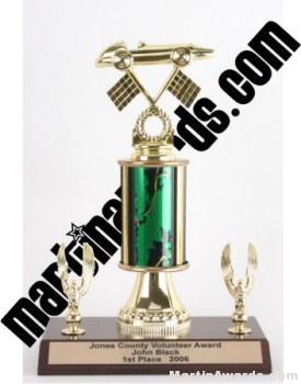 Green Single Column Pinewood Derby Car With 2 Eagles Trophy