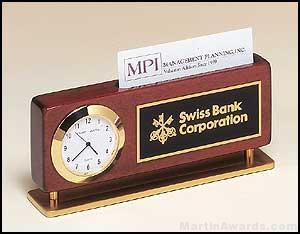 Rosewood Combination Clock and Business Card Holder