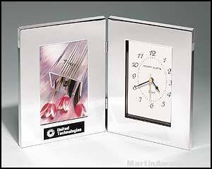 Desk Award - Combination Clock/Photo Frame in Polish Silver Aluminum