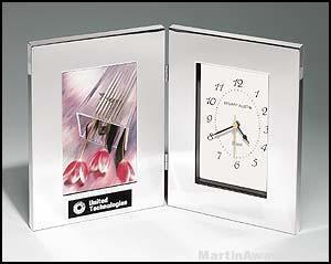 Desk Award - Combination Clock/Photo Frame in Polish Silver Aluminum